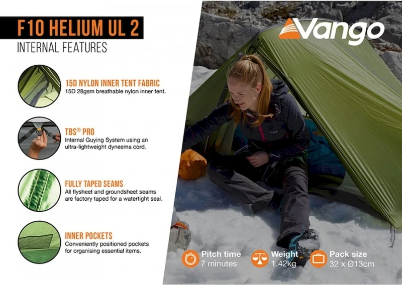 Vango F10 Helium UL 2 Ultralichte Trekking Tunneltent - 1/2 Persoons - Groen - Afbeelding 6